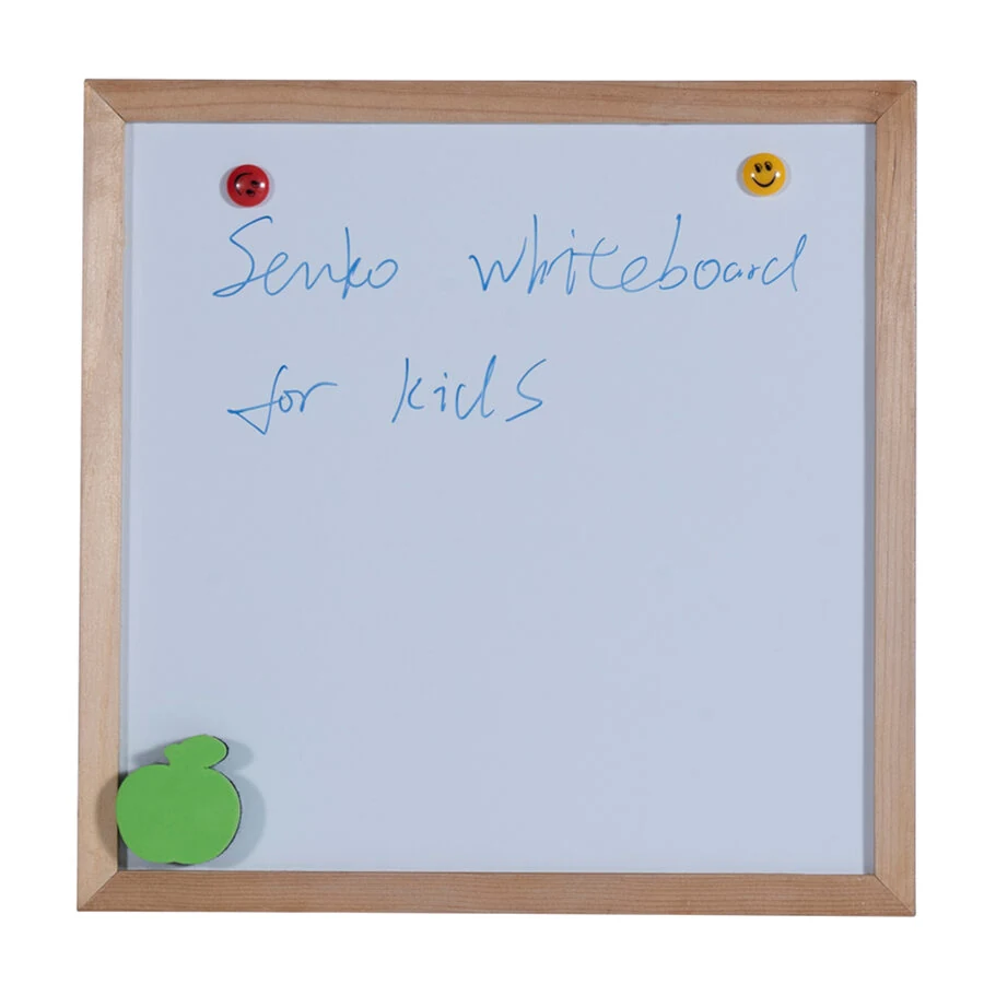 Kids whiteboard with a wooden frame and a drawing in coloured marker