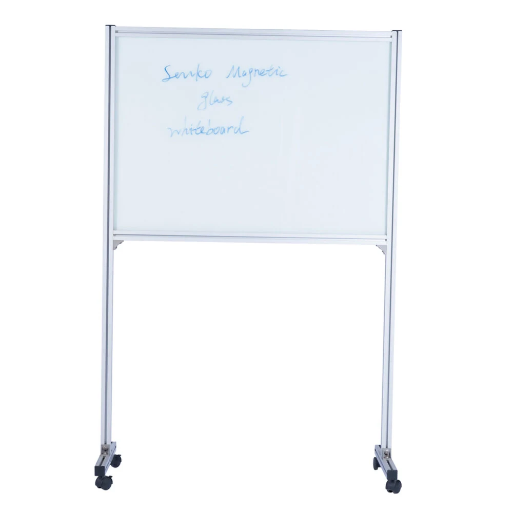 Mobile glass whiteboard on a wheeled stand with an aluminium look frame