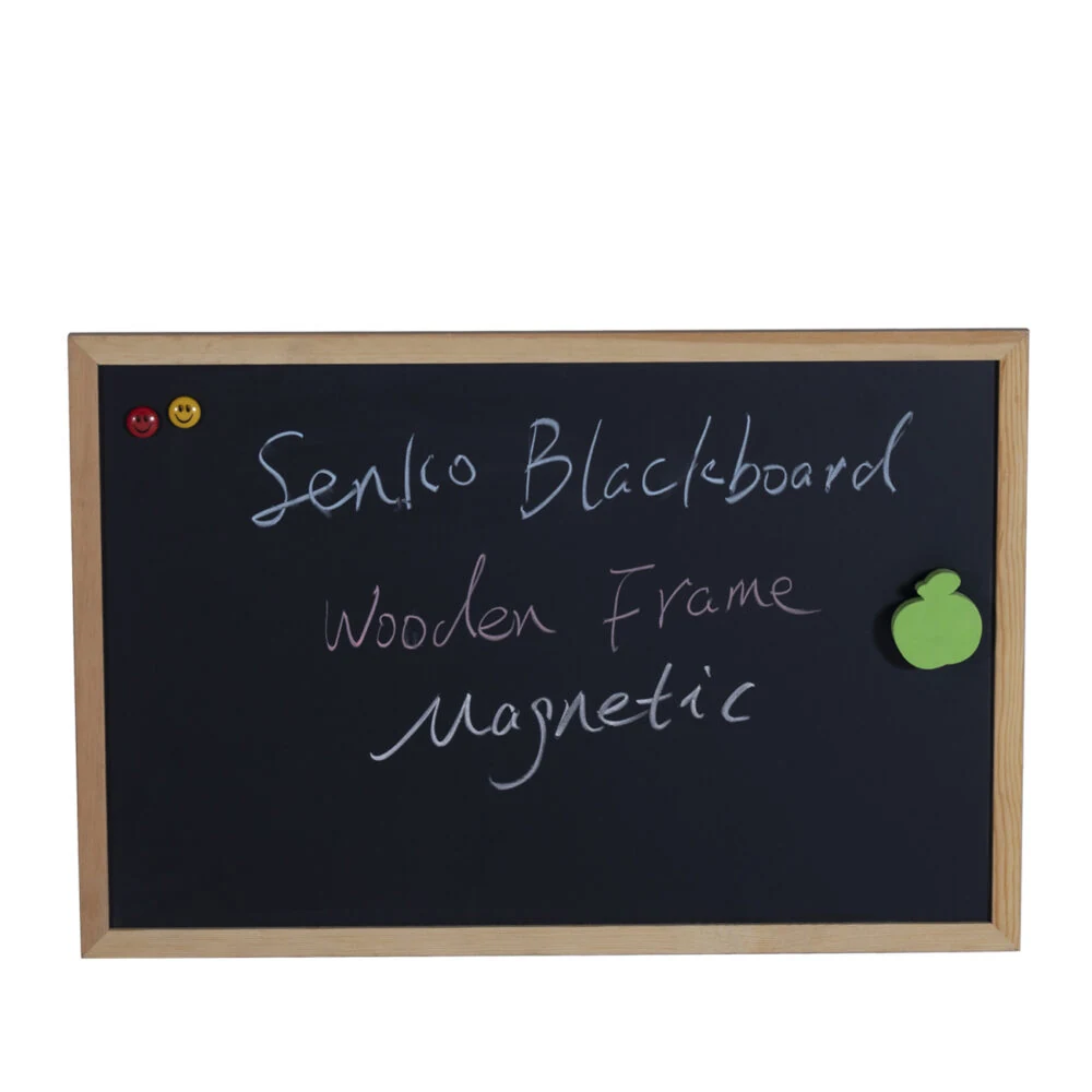 Wooden frame magnetic blackboard with a cafe menu written in white chalk