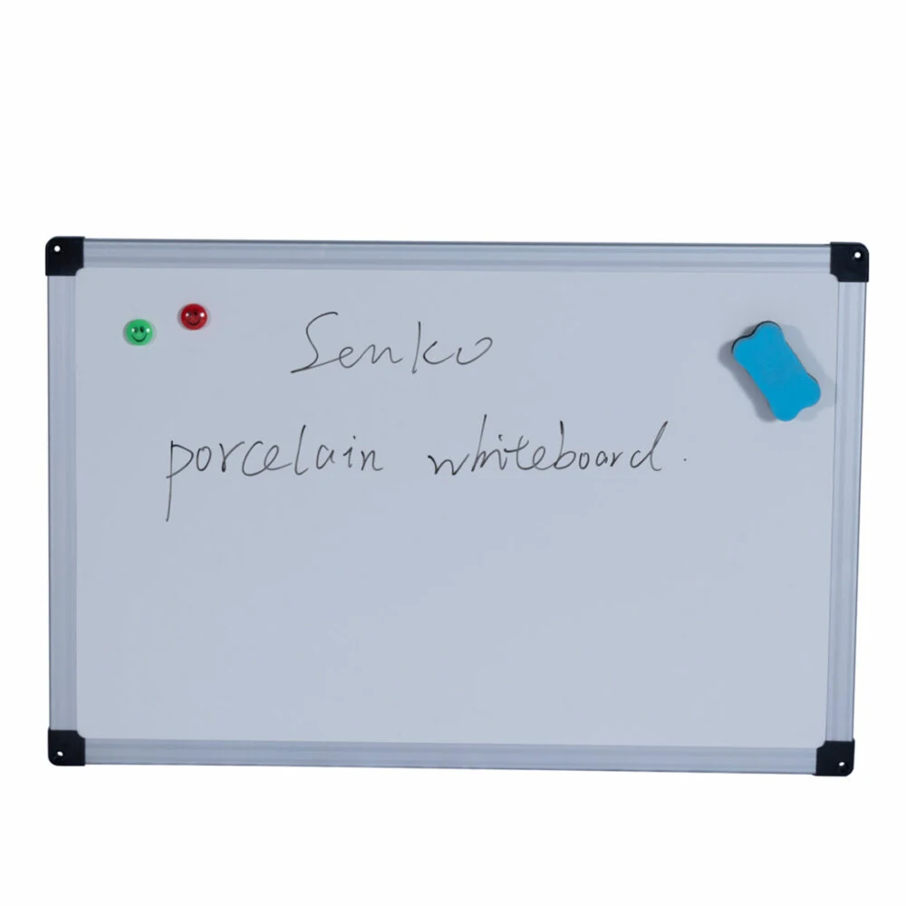 Aluminium framed wall mounted magnetic whiteboard with pen tray and ABS corners