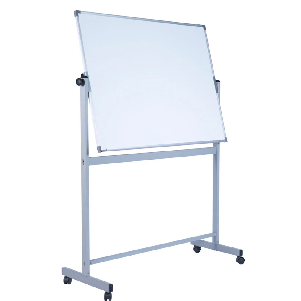 Double sided mobile whiteboard shown from the side on its revolving stand