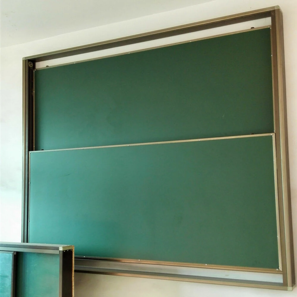 Rise and fall green chalkboard installed across a classroom wall