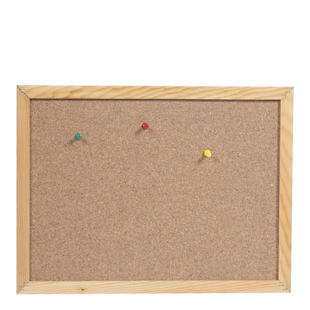 Wooden frame cork memo board with coloured push pins in the cork surface