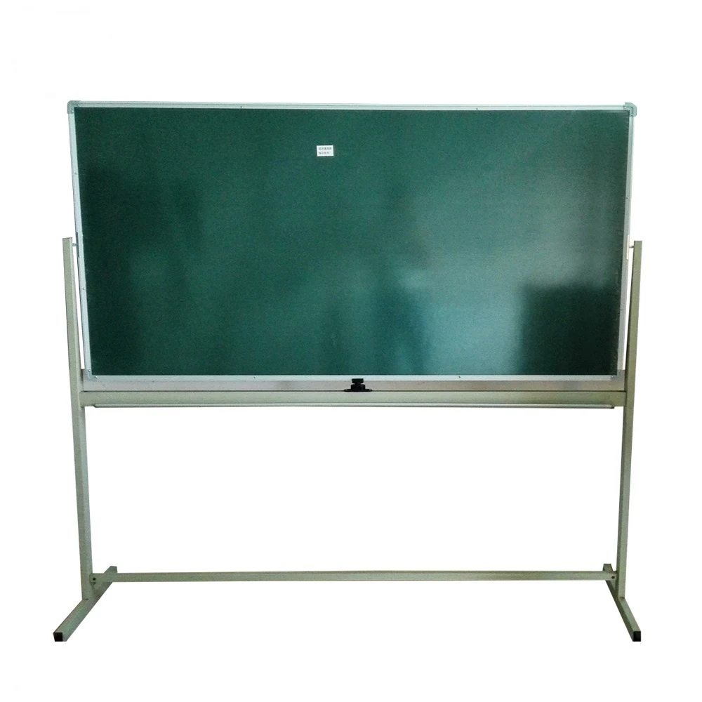 Double sided green chalkboard on a revolving steel stand with lockable wheels