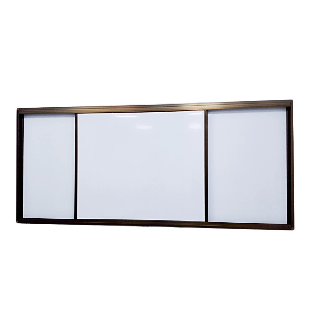 Three panel push pull classroom board with sliding whiteboard panels in an aluminium frame