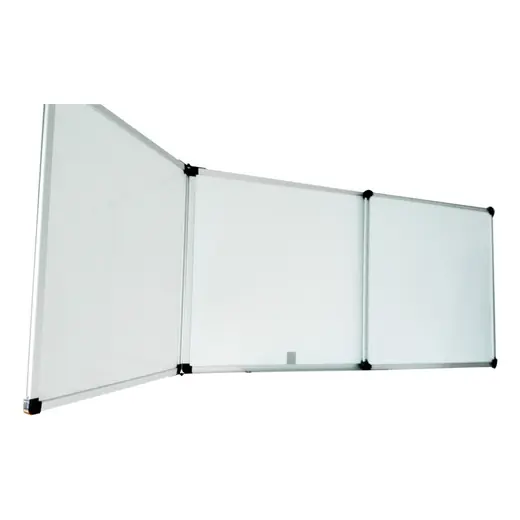 Three in one folded whiteboard with two hinged wings opened out from a centre panel