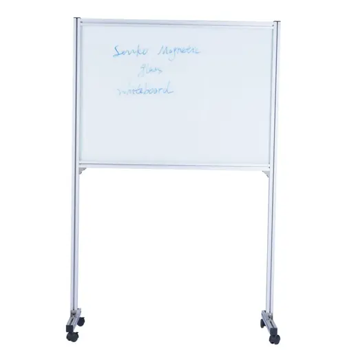 Mobile glass whiteboard on a wheeled stand with an aluminium look frame