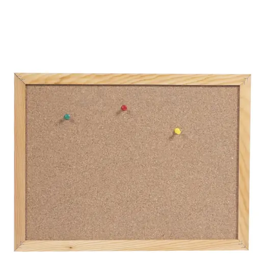 Wooden frame cork memo board with coloured push pins in the cork surface