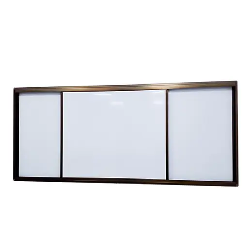 Three panel push pull classroom board with sliding whiteboard panels in an aluminium frame