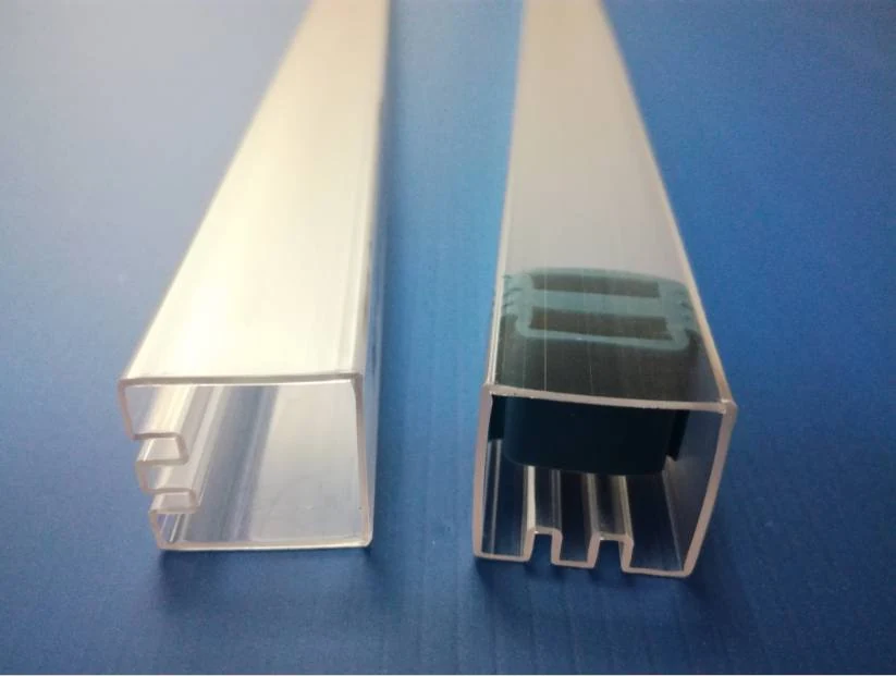 Blue and clear IC tubes filled with electronic components including relays and connectors
