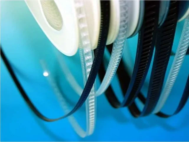 Close-up of black and natural plastic guide strips or carrier tape hanging in loops