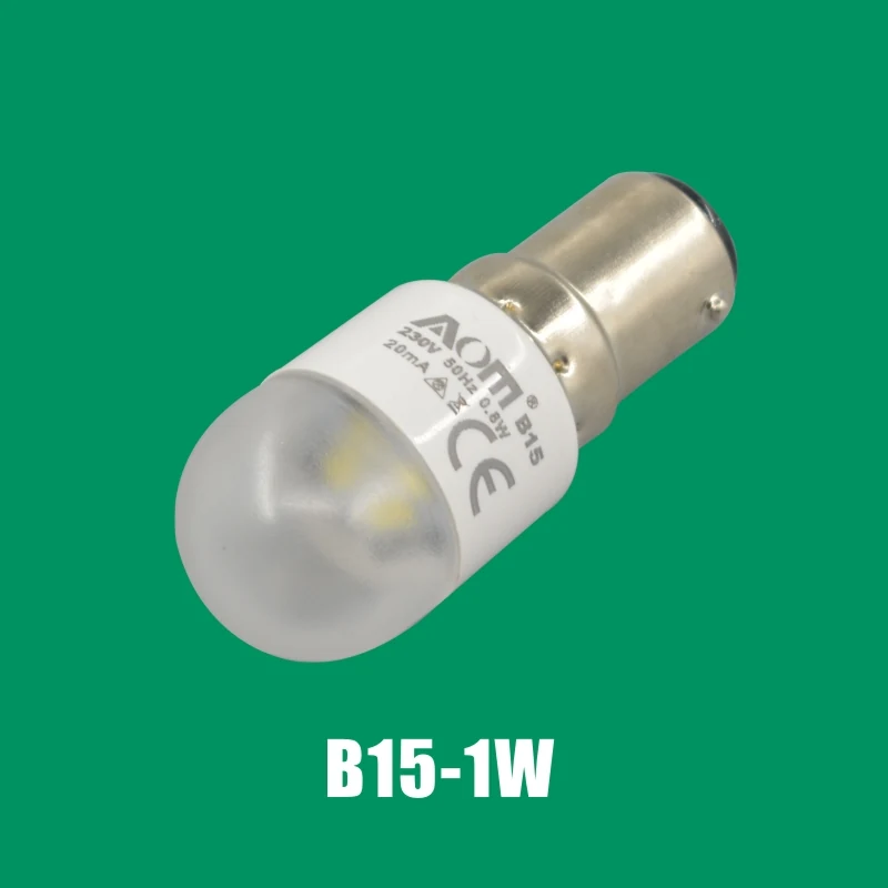 AOM BA15D-1W LED bulb for household sewing machine, showing the BA15D base and SMD LED chip