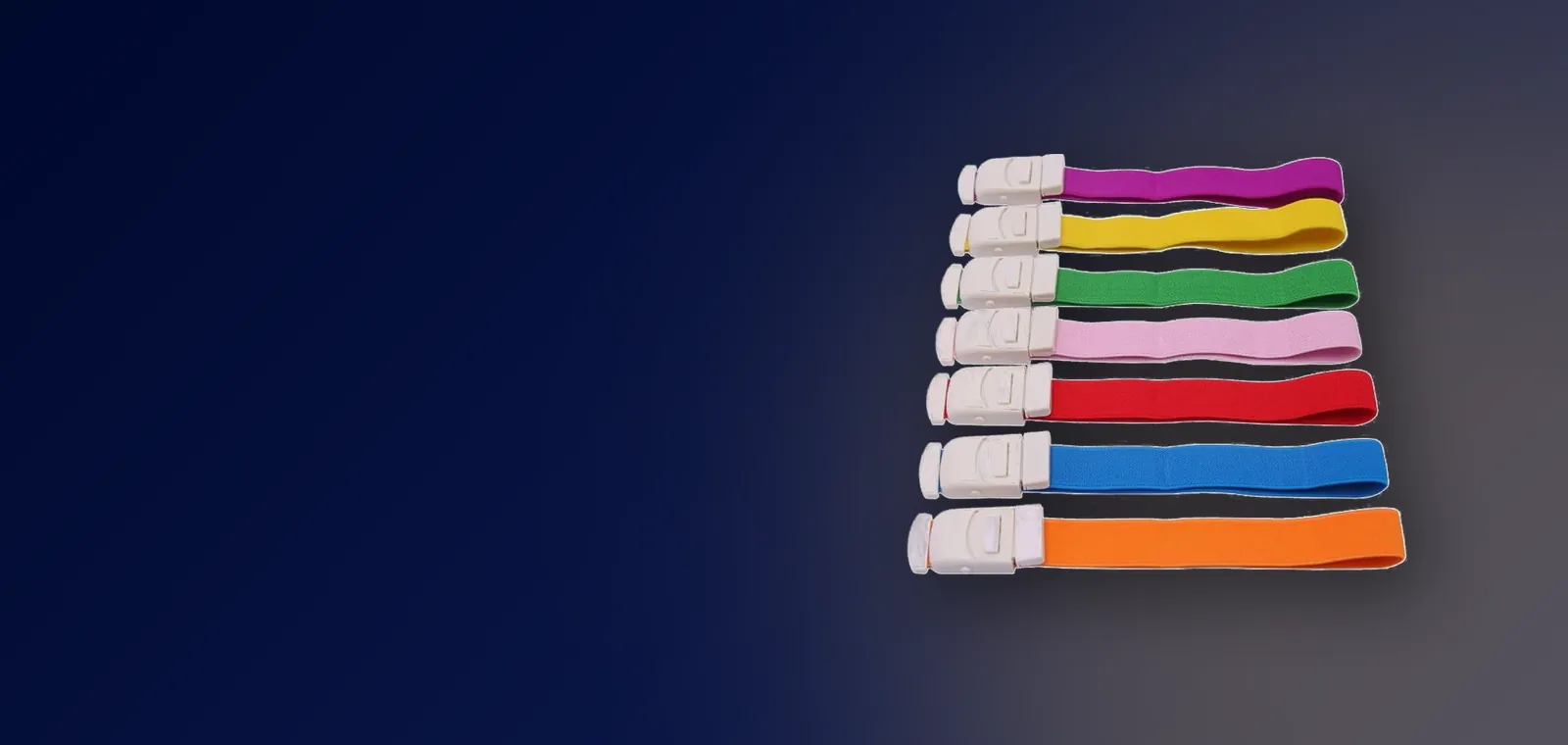 Buckle tourniquet range in seven colours laid flat