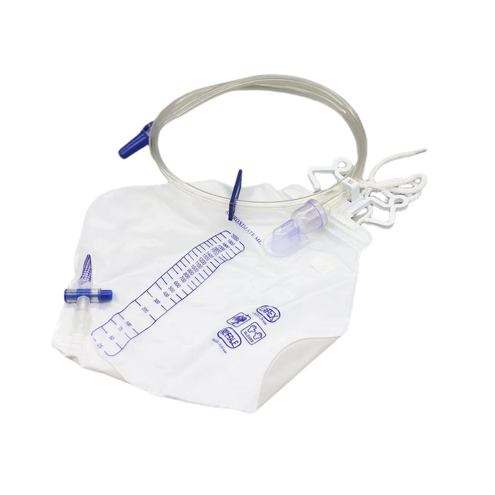 Luxury urine bag CZL105 with flutter drip chamber and rope hanger