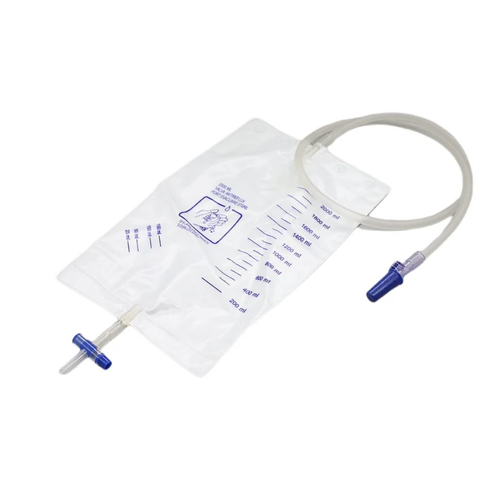 Luxury urine bag with needleless sampling port and T-tape outlet