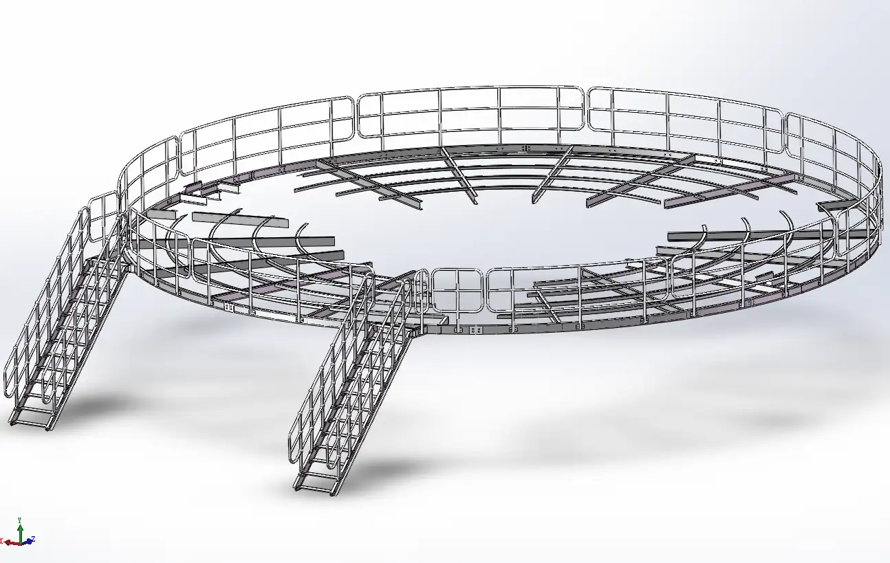 A 3D model of a circular access platform with grating decking and stairs