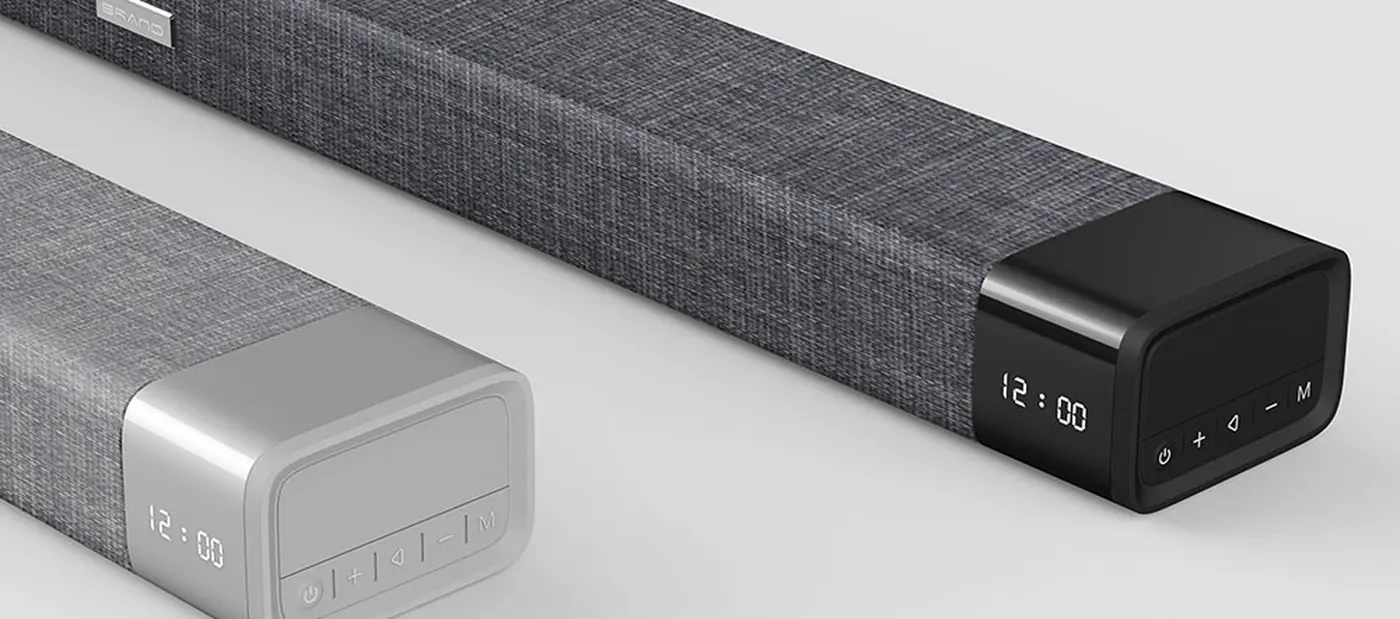 Fabric wrapped TV soundbar with subwoofer manufactured by Shinetech