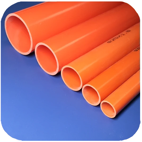 Orange PVC cold bending conduit in five diameters on a blue background