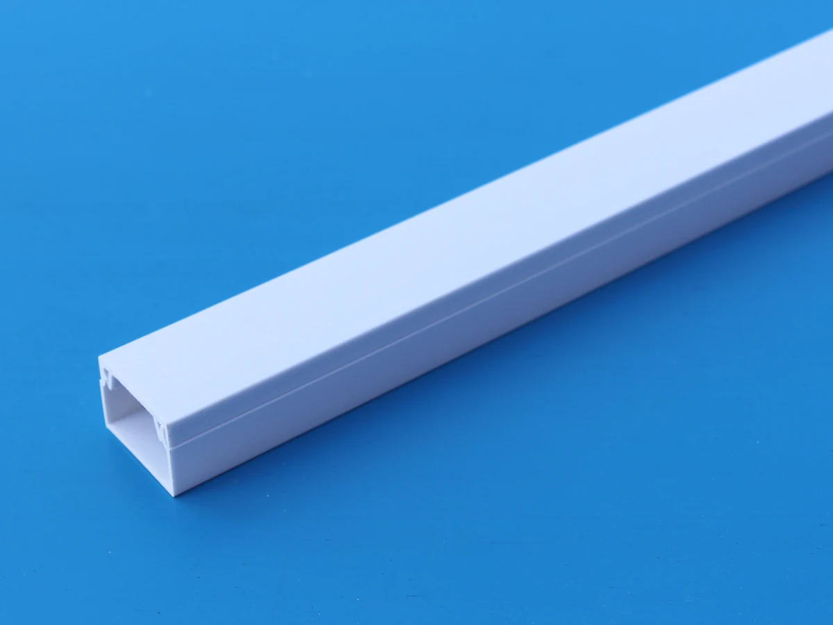 White PVC cable trunking 25x16 mm printed with its size marking