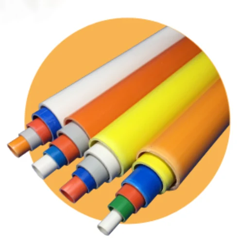 Cut lengths of Shingfong PVC electrical conduit in white orange yellow and grey