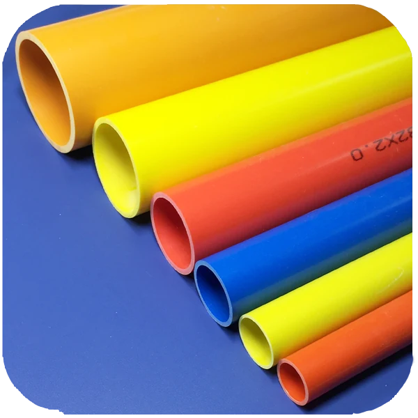 Orange PVC conduit lengths in several diameters on a blue background