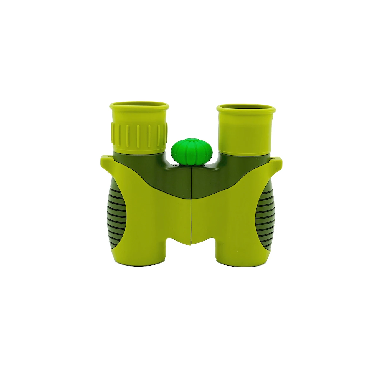 Front view of lime green and dark green plastic toy binoculars