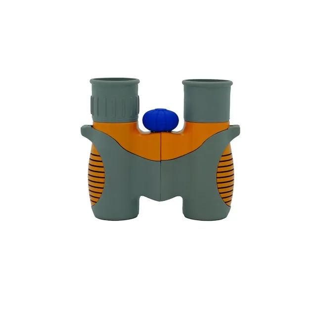 Grey, orange, and blue plastic toy binoculars on a white background