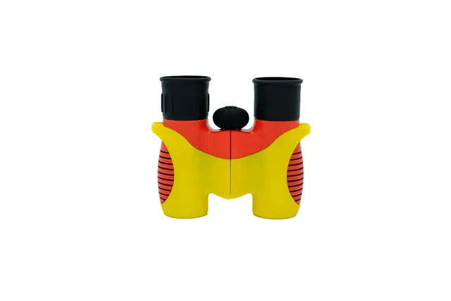Yellow and red toy binoculars with black eyepieces on a white background