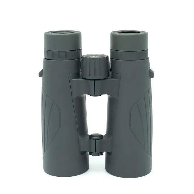 Front view of matte black binoculars on a white background