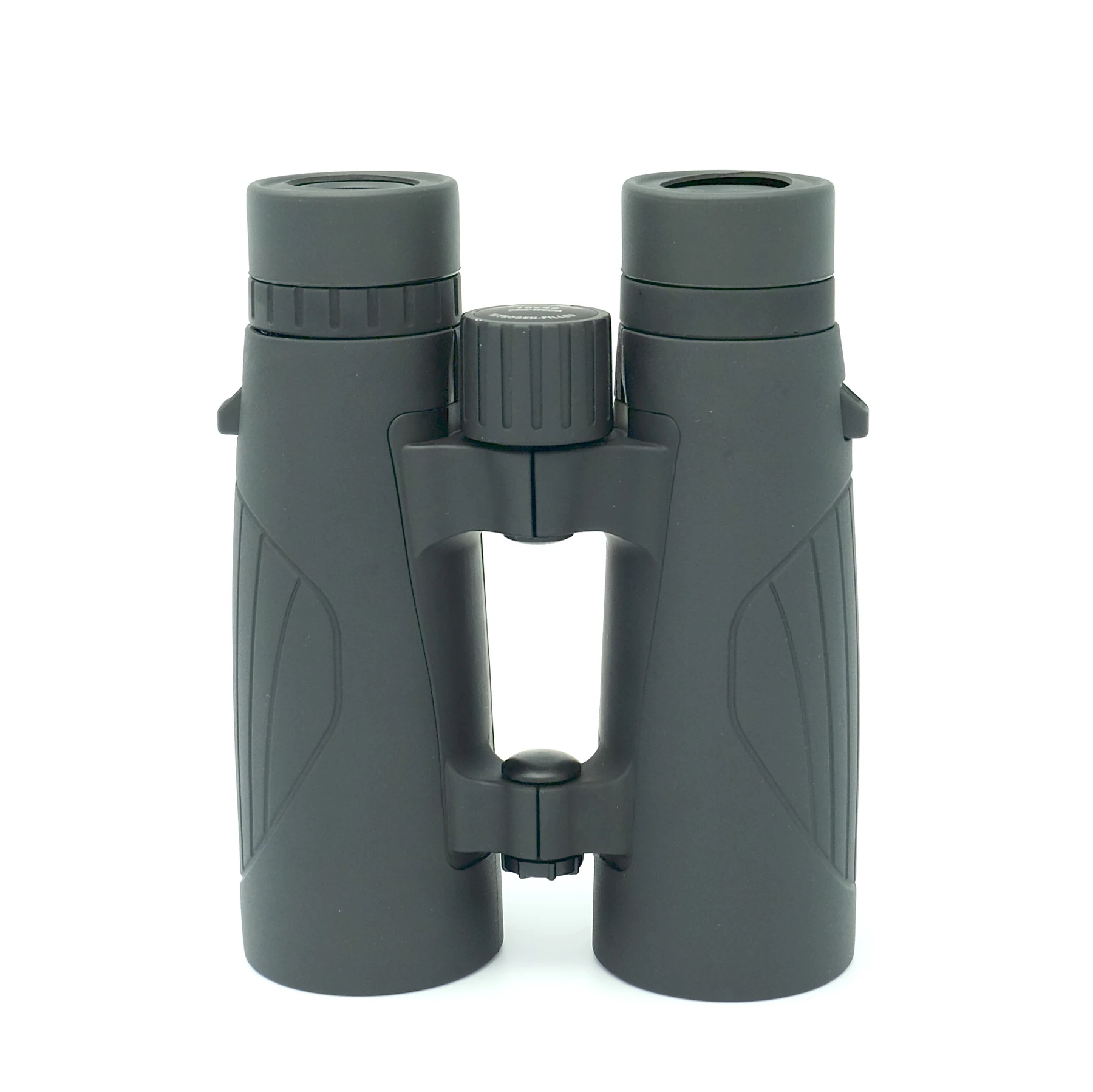 Front view of matte black binoculars on a white background