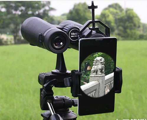 Smartphone mounted to binoculars on a tripod displaying a stone lion statue
