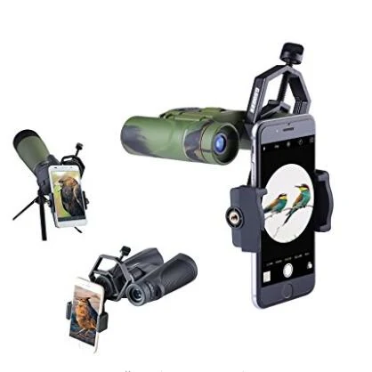 Smartphone adapter clamps attached to camouflage monoculars and black binoculars