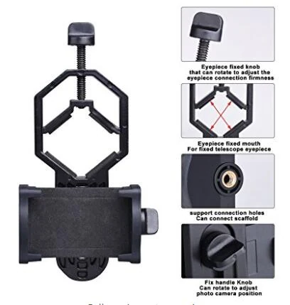 Black smartphone adapter with eyepiece clamp and mounting bracket shown with detailed feature diagrams