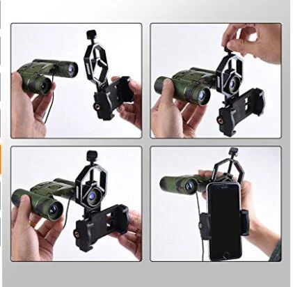 Four panel instructional image demonstrating how to attach a smartphone holder to a pair of binoculars