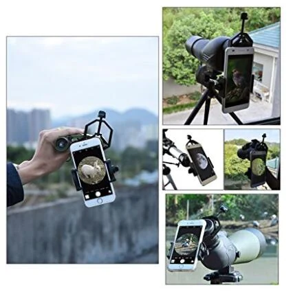 Collage of a smartphone mounted on a spotting scope adapter showing a view of the moon