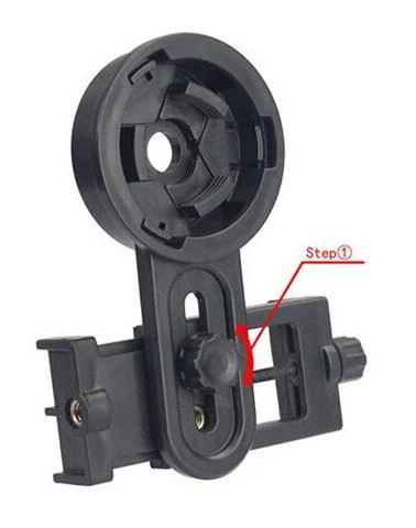 Black plastic mount with red arrow pointing to a knob labeled Step 1