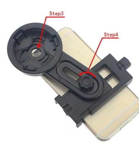 Close-up of a black plastic camera mount with red text overlays pointing to specific assembly steps