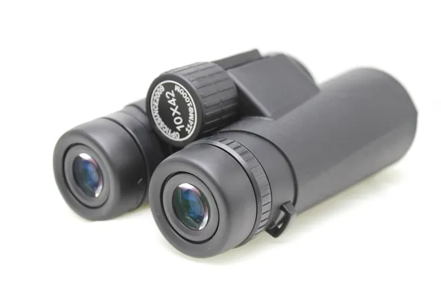 Black compact binoculars with 10x42 specification label on top