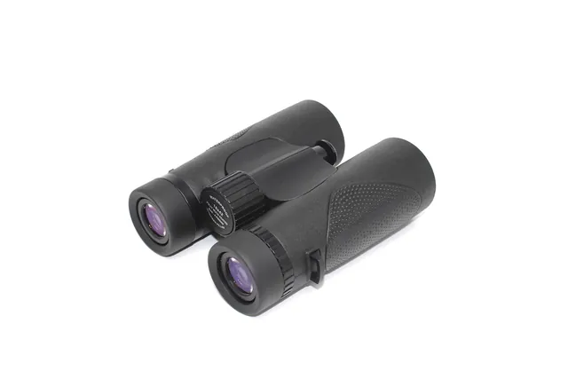 Black compact binoculars with purple-coated lenses on a white background