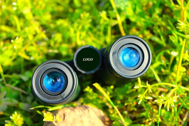 Binoculars with blue lenses sitting in green grass with a logo placeholder