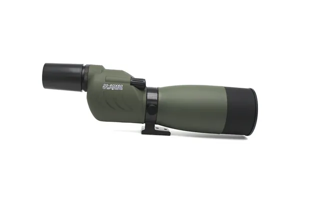 Side profile of a green angled eyepiece spotting scope with a black objective lens and mounting bracket