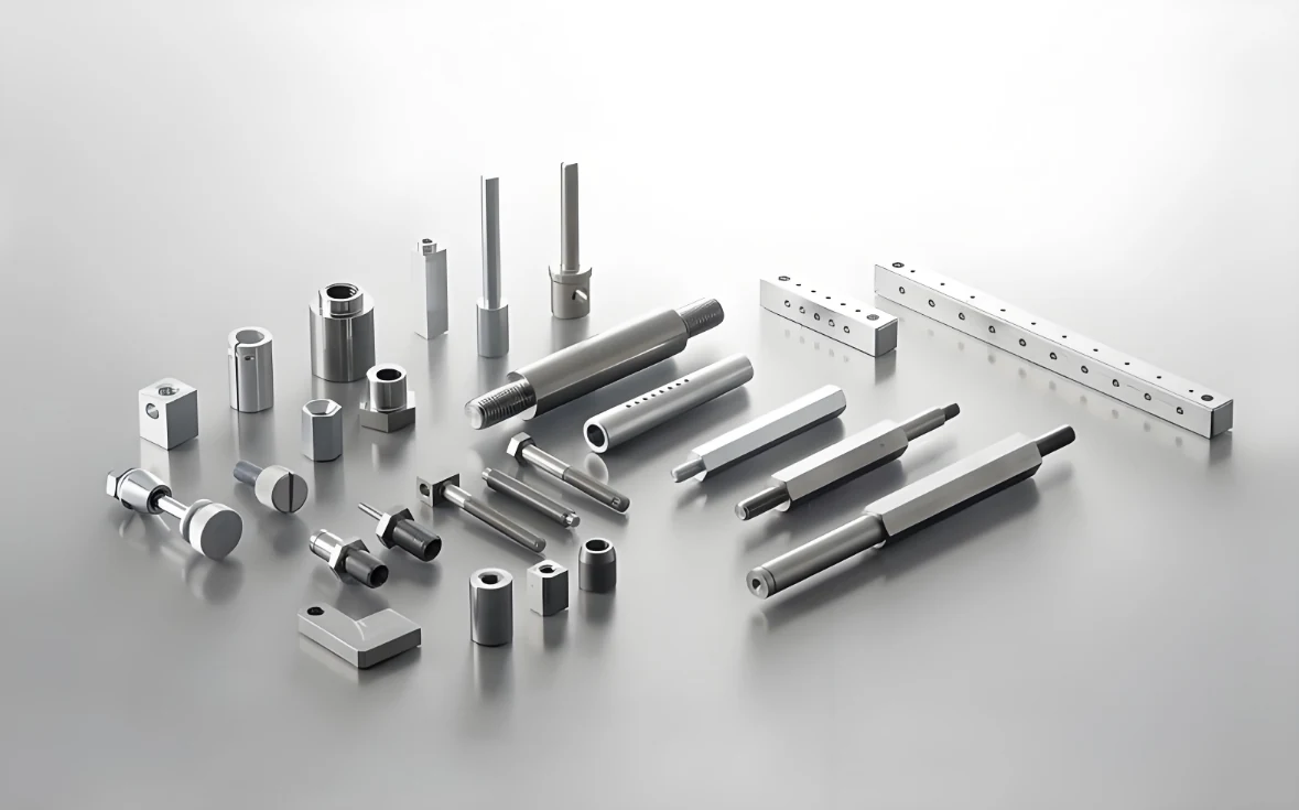 Row of turned steel components from the same production family