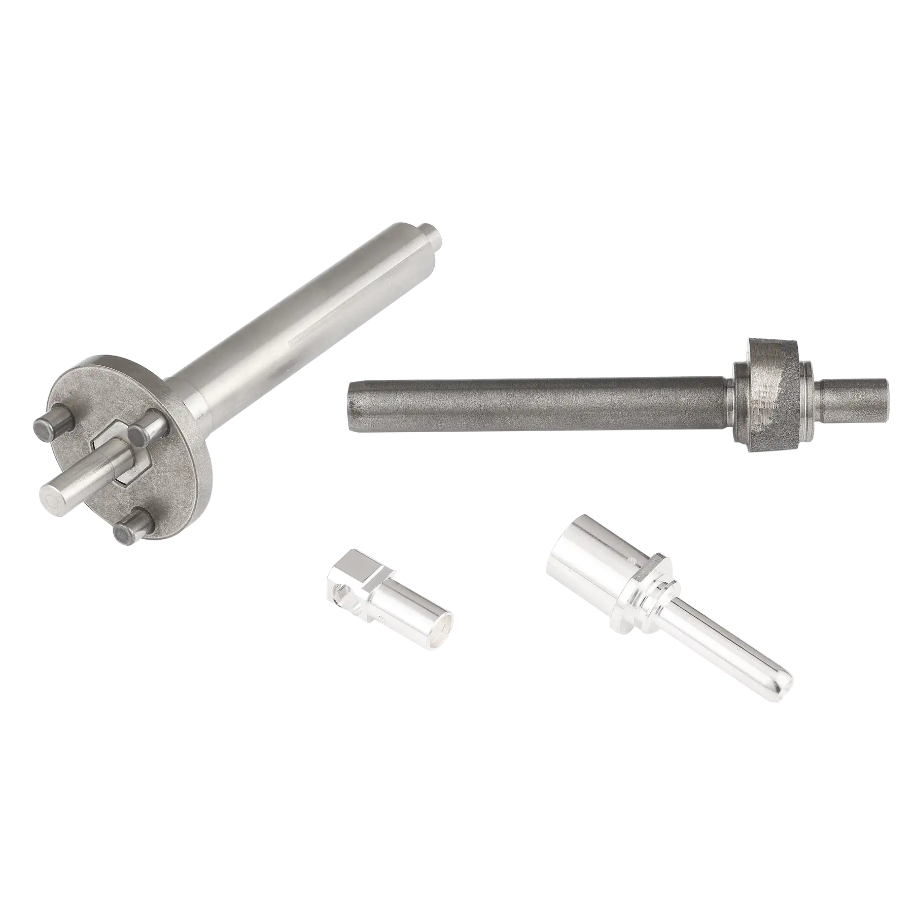 Group of custom turned steel components including shafts pins and adapters