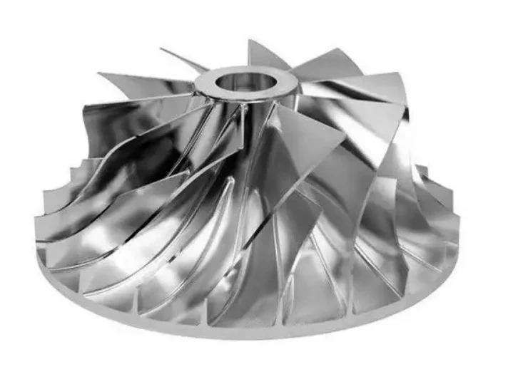 CNC machined compressor impeller with curved blades cut from solid stock