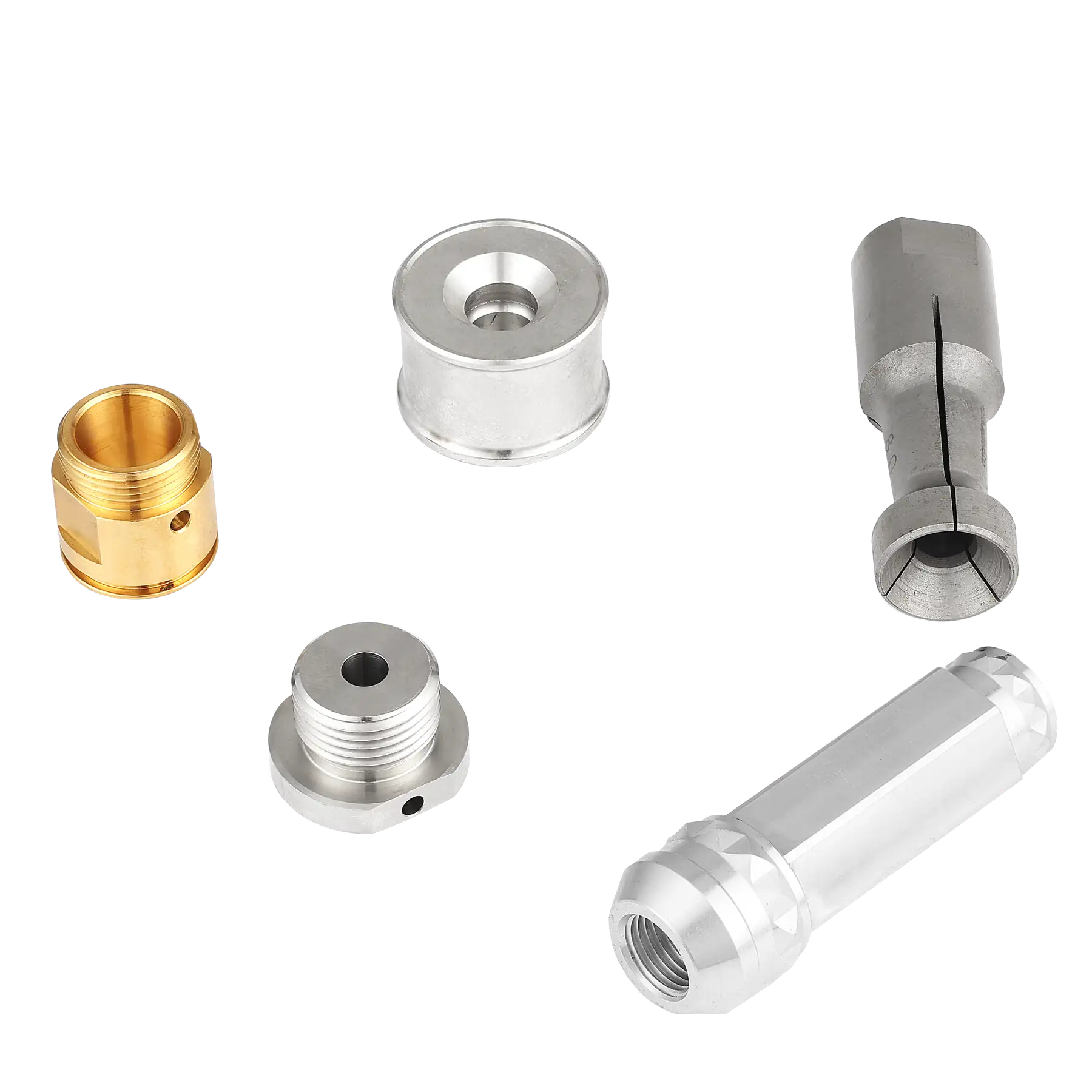 Set of brass and steel machined components including a bush a pulley and a collet