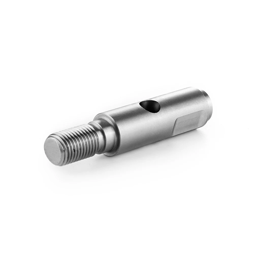 Stepped drive shaft with rolled thread and a cross hole through the flat