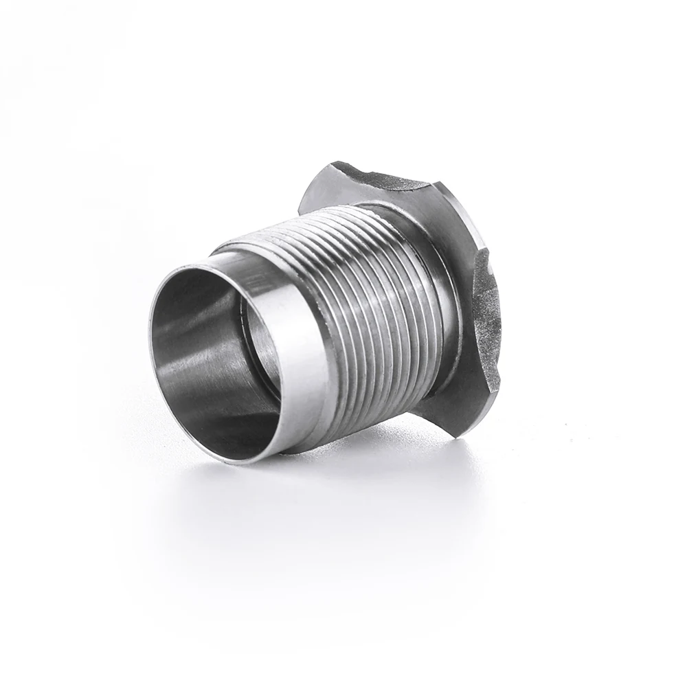 Threaded stainless fitting with hex flange and machined bore
