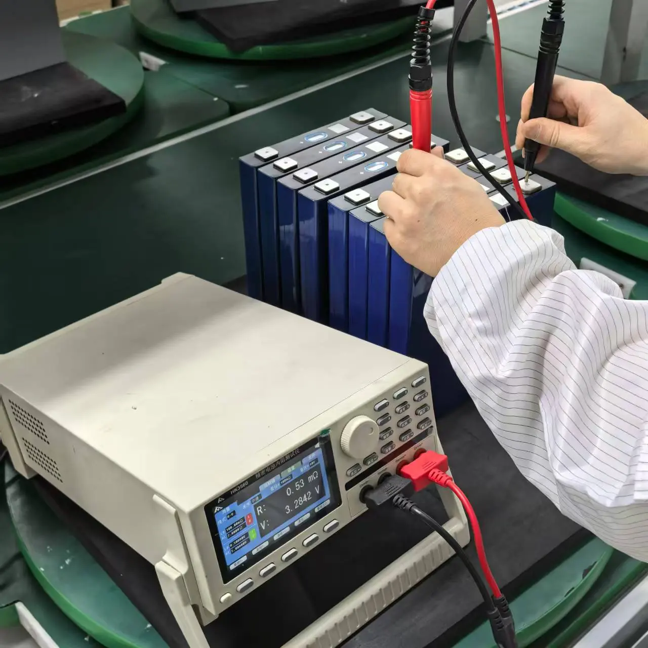 Finished lithium battery packs staged for inspection and packing