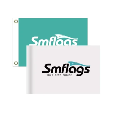 Custom printed golf flag in swallowtail shape with sewn-in golf tube on a course pin