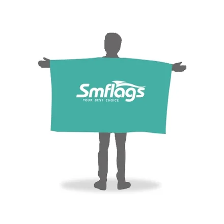 Person wearing a custom printed body flag at a sports event, flowing like a cape